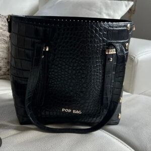 Pop Bag Black Croc-Embossed Patent Leather Tote Bag